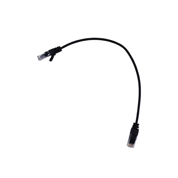 Full view of black 0.3m Cat6 UTP Ethernet patch cable with RJ45 connectors