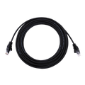 Coiled black 10m Ethernet patch cable with RJ45 connectors and visible specification text