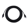 Coiled black 10m Ethernet patch cable with RJ45 connectors and visible specification text