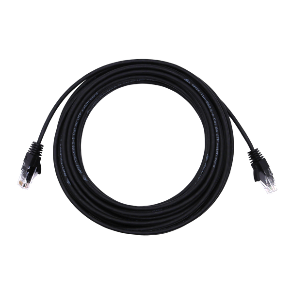 Coiled black 10m Ethernet patch cable with RJ45 connectors and visible specification text