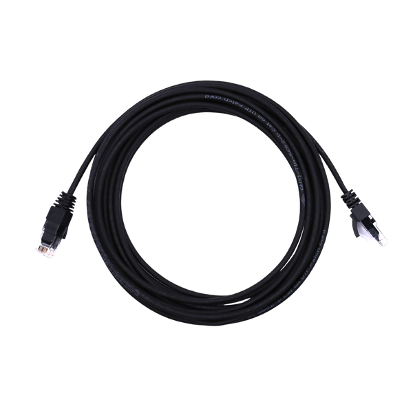 Top-down view of coiled black Cat6 UTP ethernet patch cable showing both RJ45 connectors