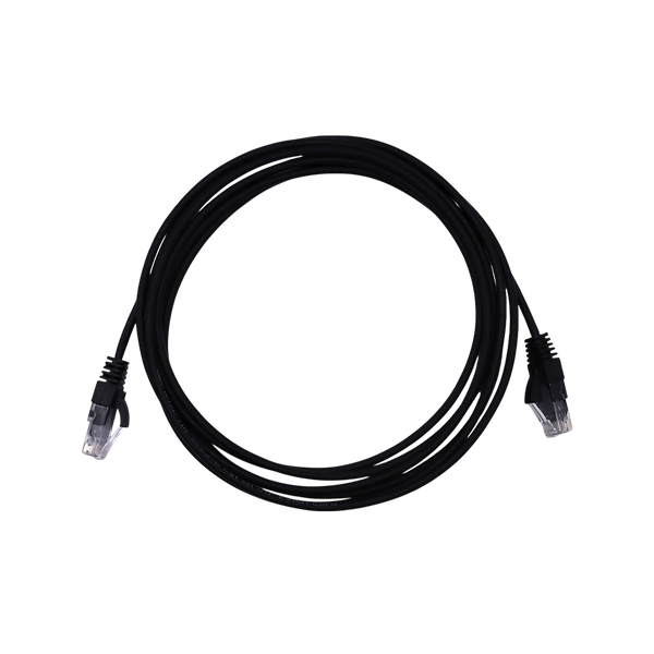 Coiled black 3m Cat6 UTP ethernet cable with RJ45 connectors facing forward against a white background