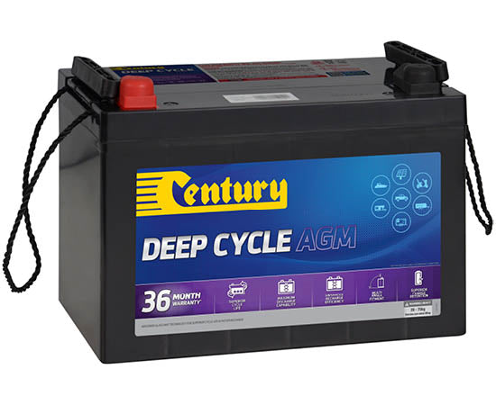 Century 12V 120Ah AGM deep cycle battery featuring heavy-duty rope handles and protective terminal caps