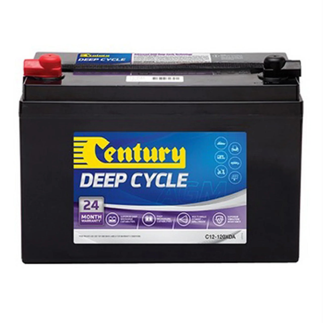 Century 12V 120Ah AGM deep cycle battery with protective red and black terminal covers