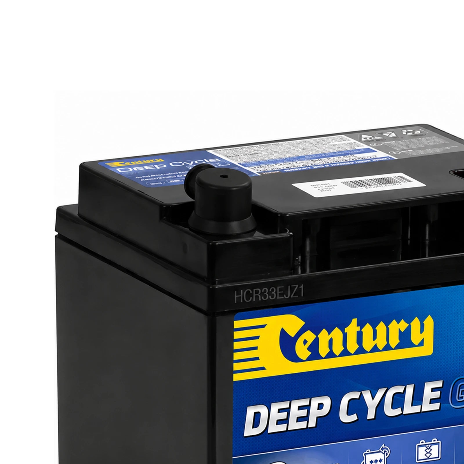 Close-up of Century 12V 37Ah gel deep cycle battery showing protected terminal and blue deep cycle labelling