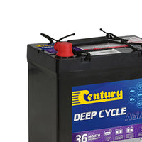 Century 12V 55Ah AGM deep cycle battery featuring a red terminal cap and integrated carry handle