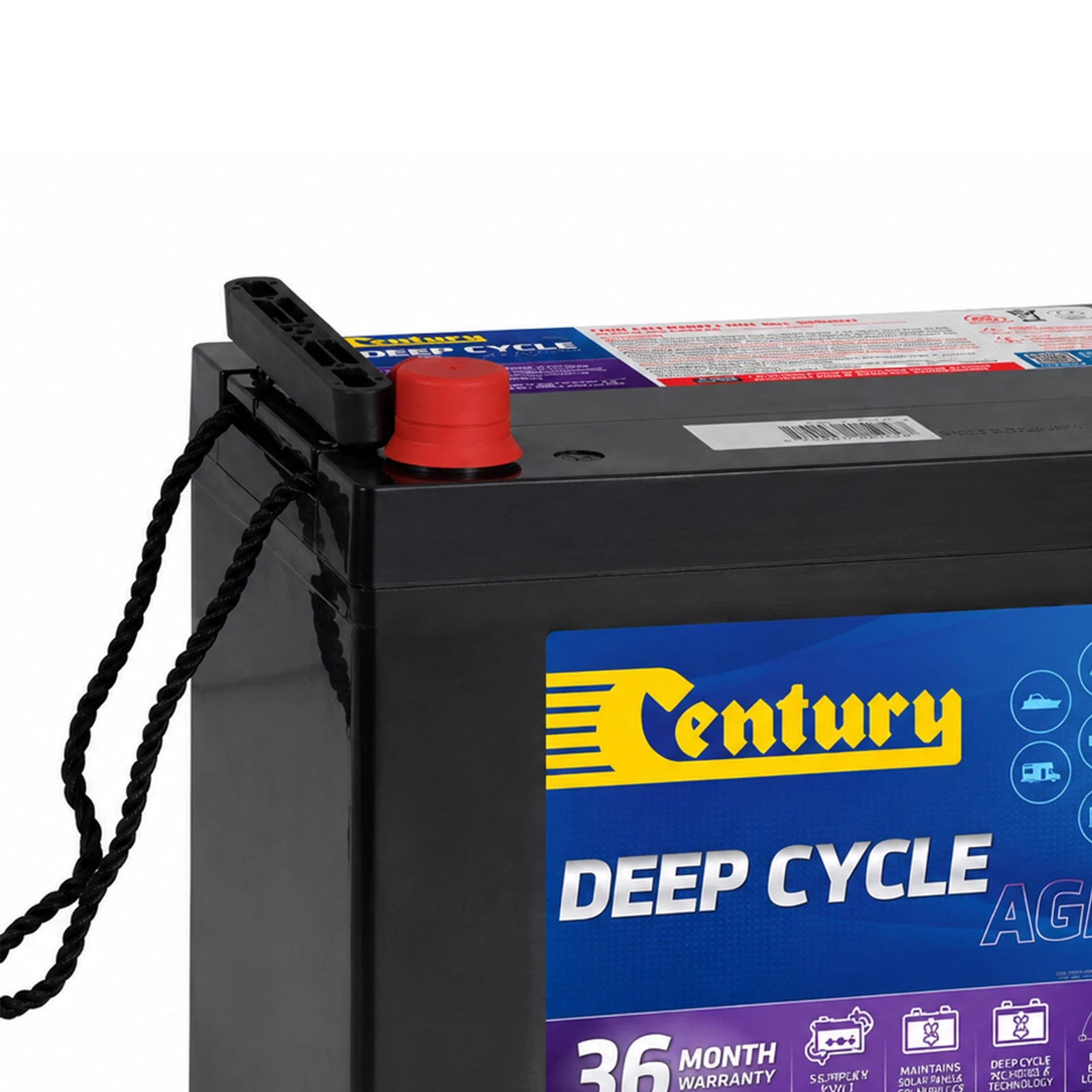 Close-up of Century 12V 75Ah AGM battery corner with rope carry handle and red terminal cap