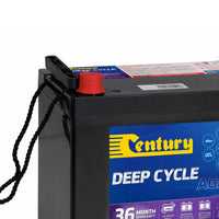 Close-up of Century 12V 75Ah AGM battery corner with rope carry handle and red terminal cap