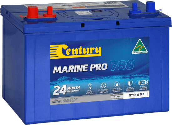 Century Marine Pro 780 battery with dual terminals, carry handle and maintenance-free blue casing