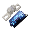 Exotronic 150A ceramic fuse next to a black fuse holder with a blue transparent cover and bolt terminals