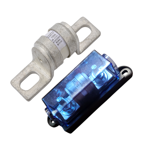 Exotronic 150A ceramic fuse next to a black fuse holder with a blue transparent cover and bolt terminals