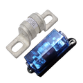 Exotronic 250A ceramic fuse next to a black fuse holder with a blue transparent cover and bolt terminals