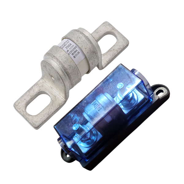 Exotronic 350A ceramic fuse next to a black fuse holder with a blue transparent cover and bolt terminals
