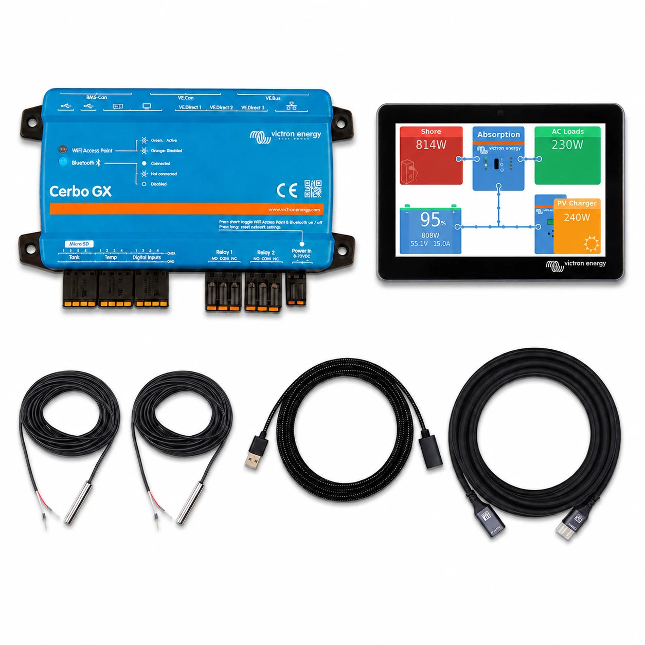 Victron Cerbo GX MK2 & GX Touch 70 System Bundle w/ 5m Extension & Temp Sensors