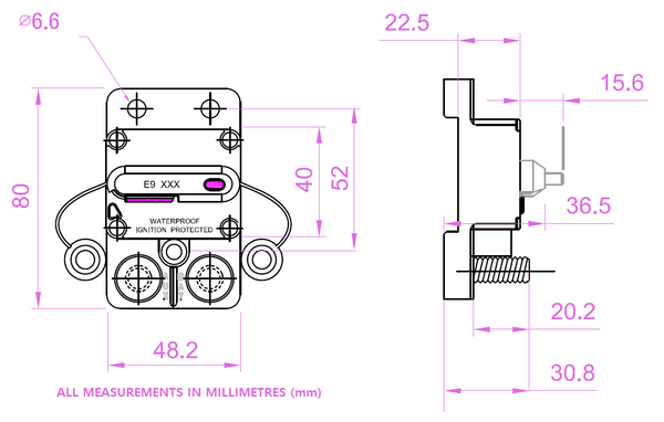 Technical dimensional drawing of Exotronic E9 series circuit breaker with measurements in millimetres
