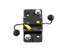 Top view of circuit breaker with protective caps open revealing connection studs