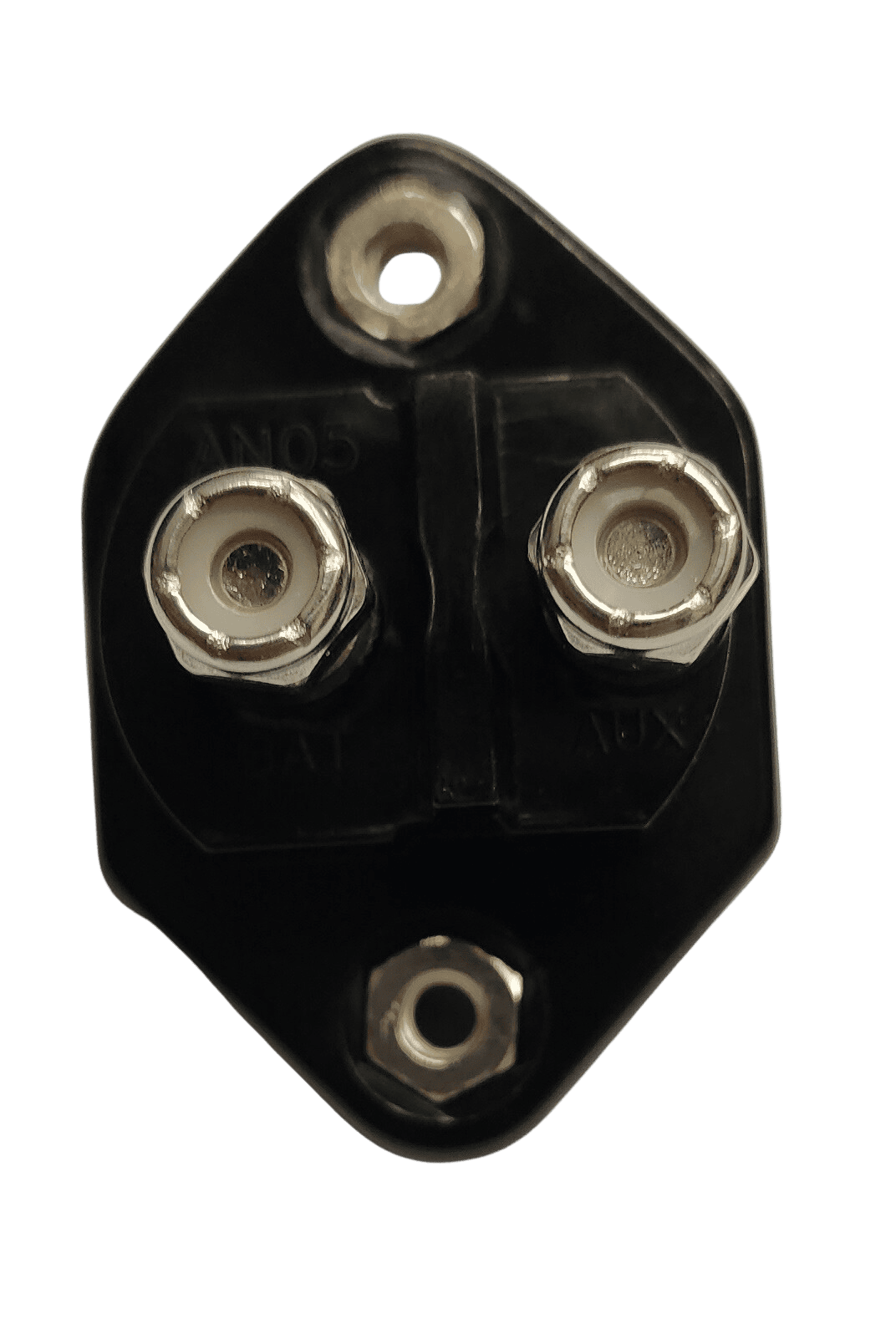 Rear of circuit breaker showing two stainless steel threaded studs labeled BAT and AUX