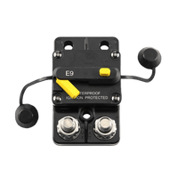 Top view of circuit breaker with terminal covers removed to show connection points