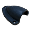 Angled side view of black cable entry cover showing the rear opening for cables