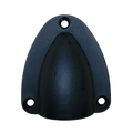 Top-down view of black plastic clamshell cable entry cover showing three countersunk mounting holes