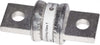 Angled view of a Blue Sea Class T fuse with silver-plated contacts and a central body