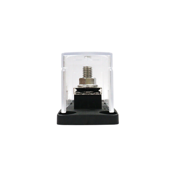 End view showing the vertical profile of the terminal stud and insulating cover