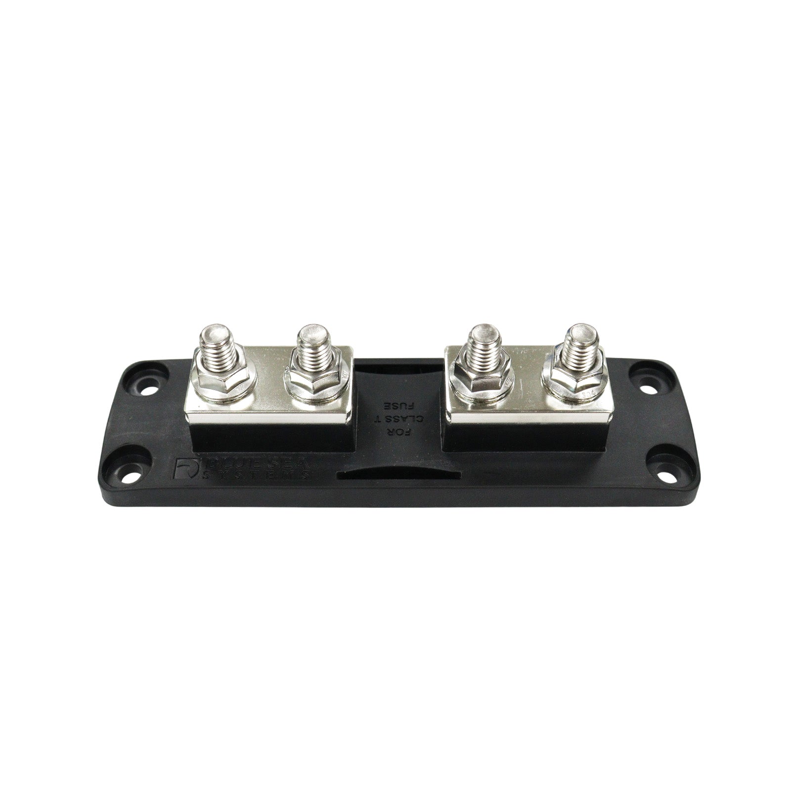 Top view of fuse block showing copper mounting blocks and four terminal studs