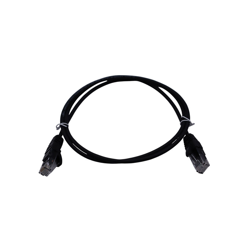 Coiled black Cat6 patch cable secured with white twist ties