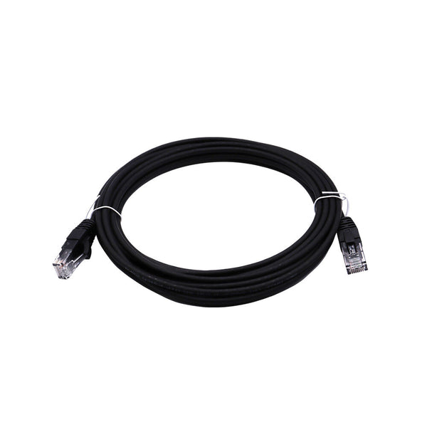Coiled black ethernet patch lead held by a white twist tie showing connectors facing outwards