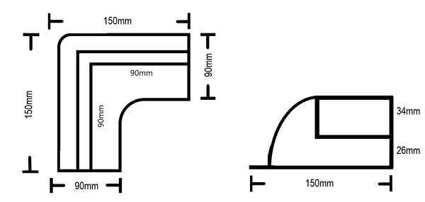 Technical line drawing of corner bracket showing side and top down dimensions