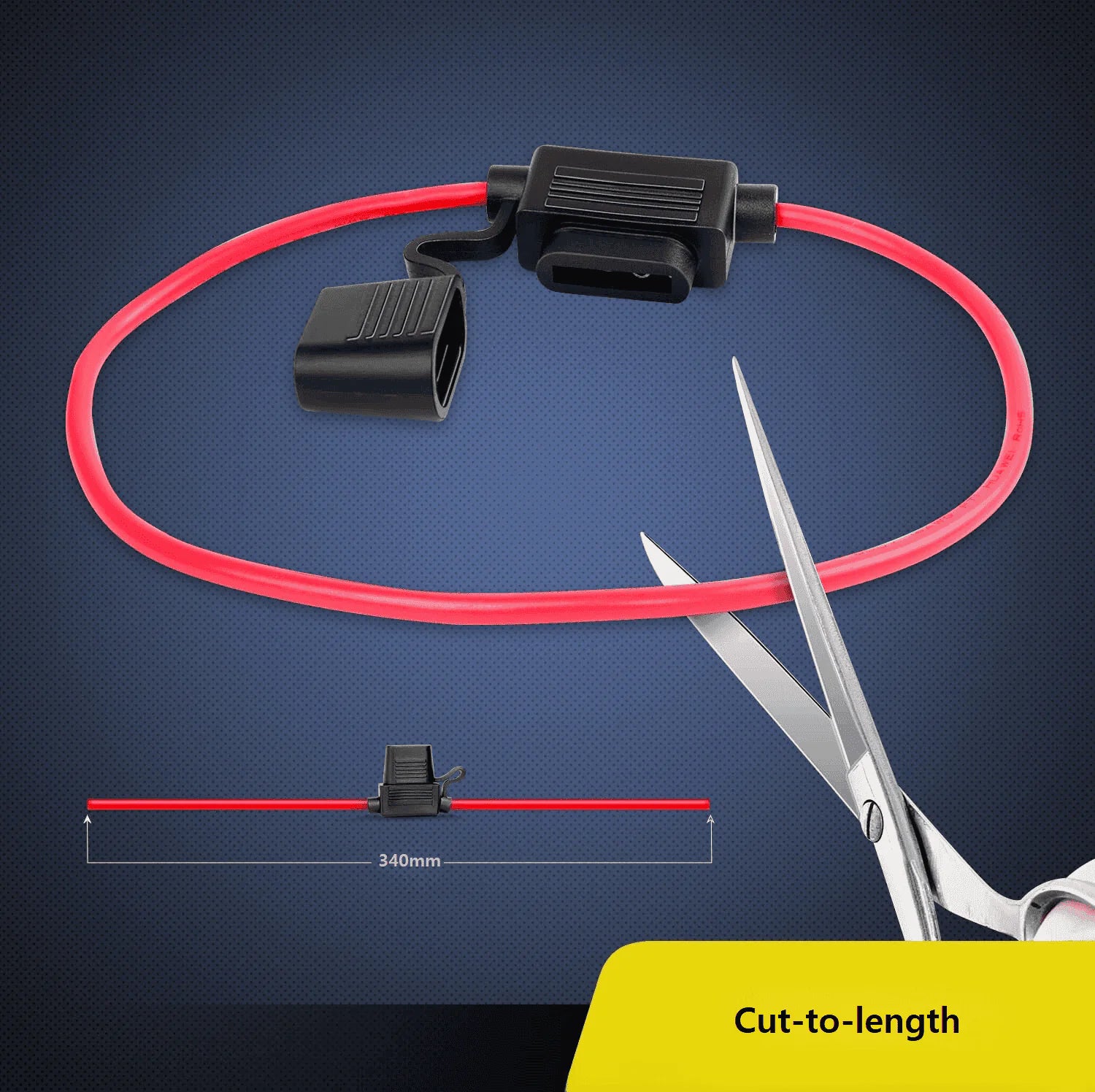 Graphic showing scissors cutting the red wire loop with 340mm length dimension