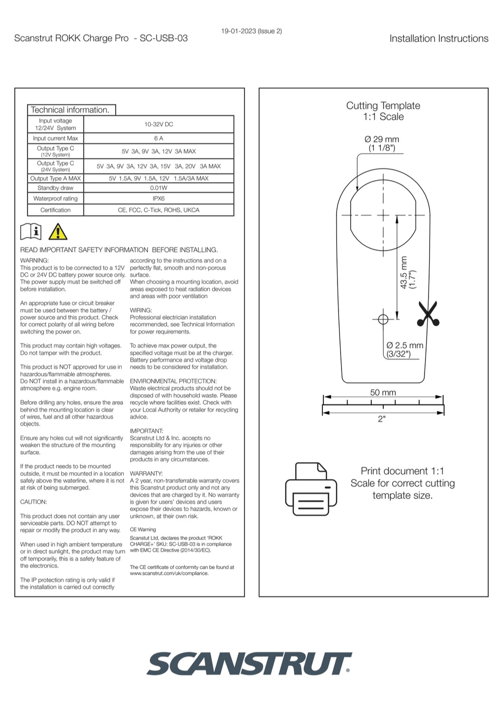 Cutting template and safety information guide for USB socket