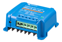 Side perspective of blue Victron DC-DC converter showing integrated cooling fins and mounting flange