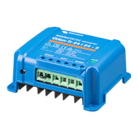 Side perspective of blue Victron DC-DC converter showing integrated cooling fins and mounting flange