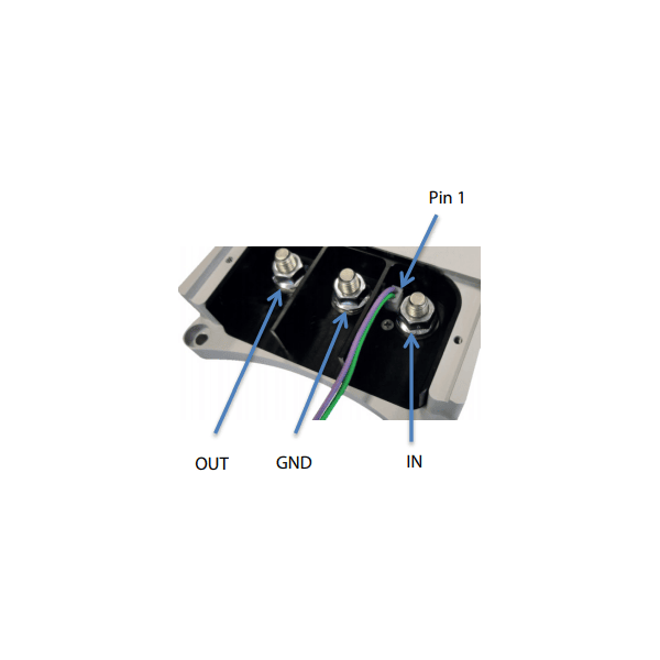 Close-up of high-current terminal studs and Pin 1 control wiring on a DC-DC converter