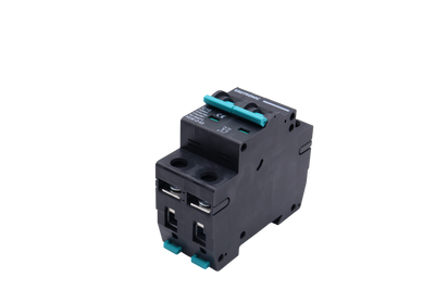 Rear angled view of DC miniature circuit breaker highlighting the DIN rail mounting slot and housing depth