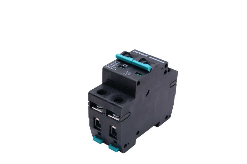 Rear angled view of DC miniature circuit breaker highlighting the DIN rail mounting slot and housing depth