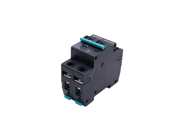 Rear angled view of DC miniature circuit breaker highlighting the DIN rail mounting slot and housing depth