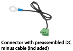 Included DC minus cable with green terminal connector and ring terminal