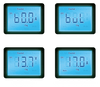 LCD display screens showing various charging states including voltage, current, and battery type selection