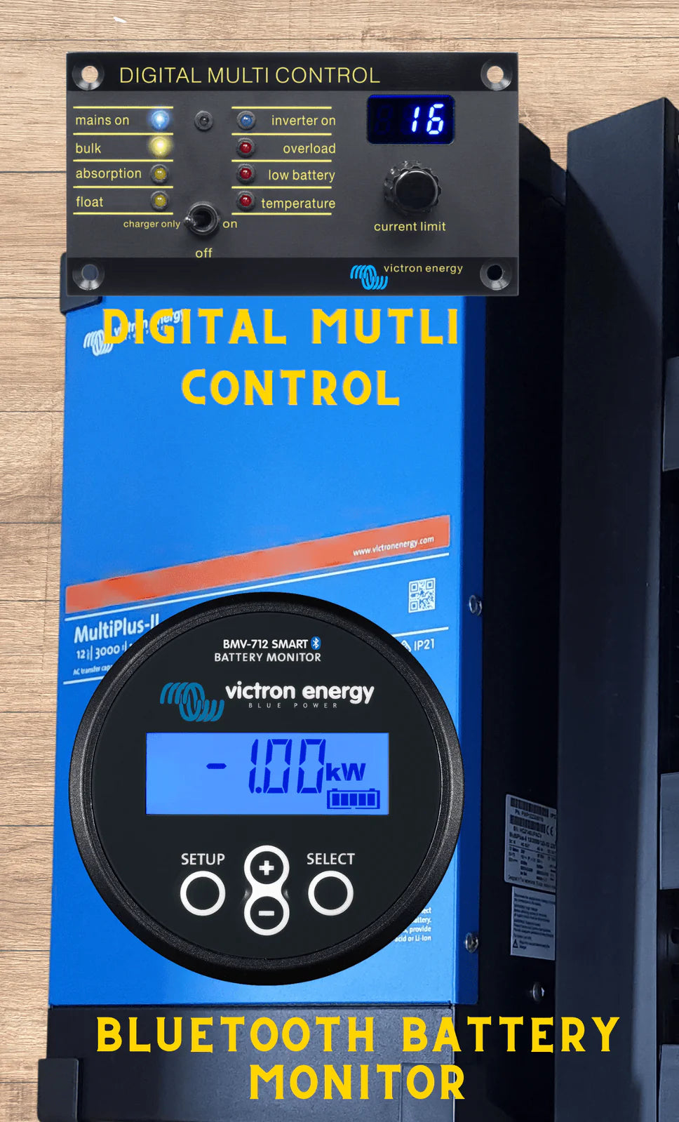 Graphic illustration showing the Digital Multi Control and BMV-712 Battery Monitor accessories