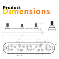 Technical dimensional drawing of 300A busbar showing length, width and stud spacing