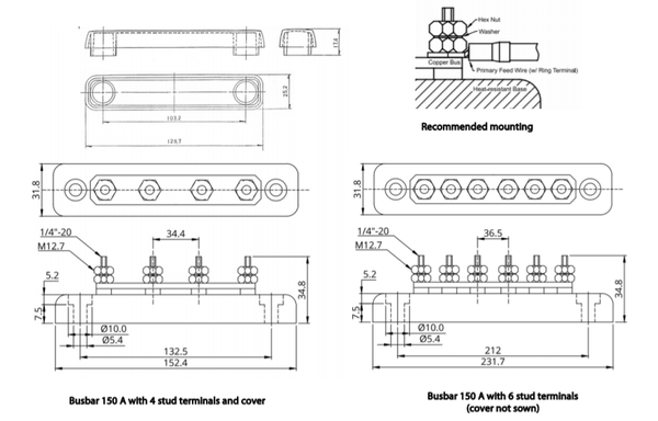 Dimensional drawings for 4-terminal and 6-terminal 150A busbar variants