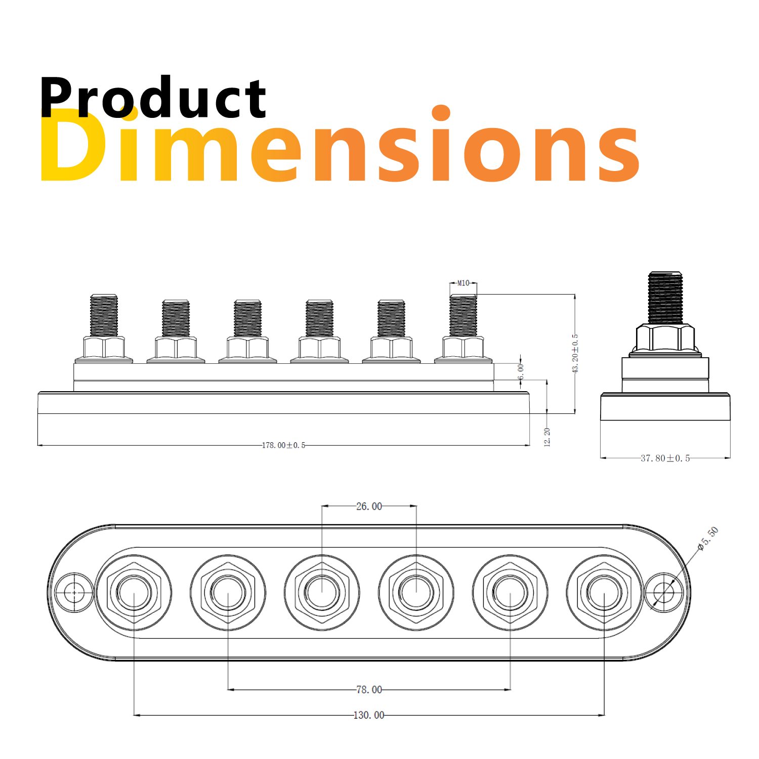 Dimensional drawing of 6-stud busbar showing 178mm length and 26mm stud spacing