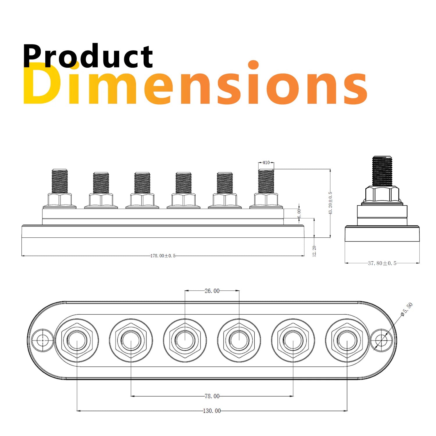 Dimensional drawing of 6-stud busbar showing 178mm length and 26mm stud spacing