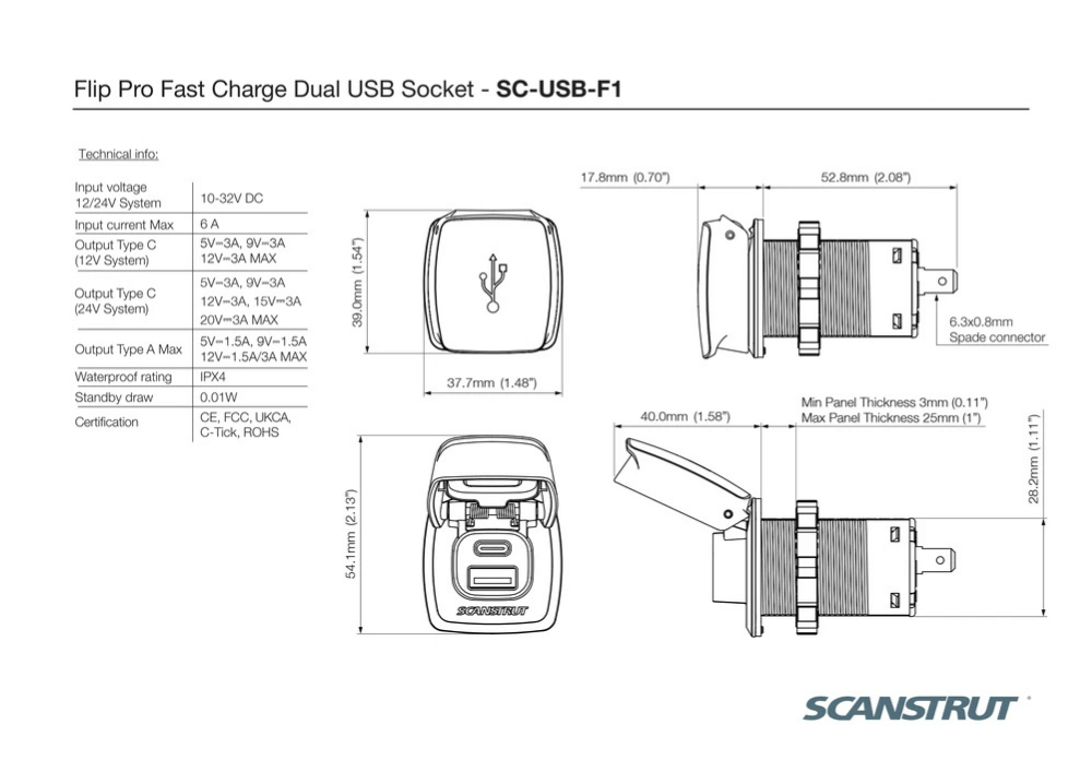 Dimensional drawing of the Scanstrut Flip Pro USB socket with metric measurements