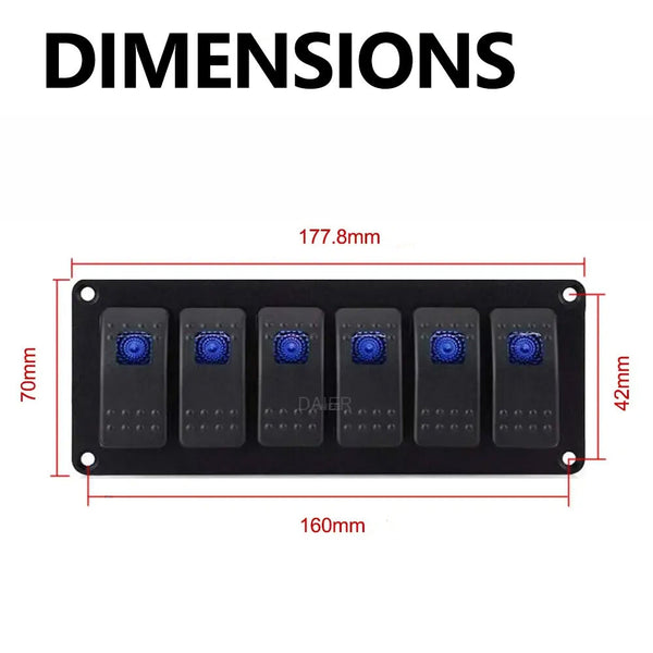 Dimensional drawing showing 177.8mm width and 70mm height for the switch panel