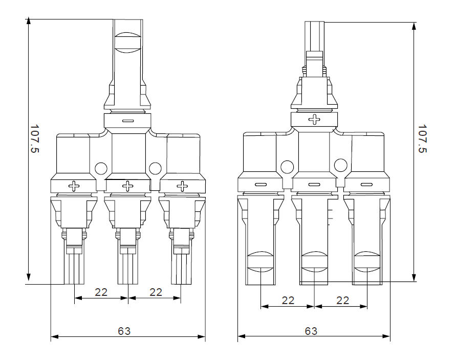 Technical drawing of Exotronic branch joiner showing 107.5mm height, 63mm width and 22mm port spacing