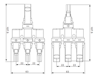Technical drawing of Exotronic branch joiner showing 107.5mm height, 63mm width and 22mm port spacing