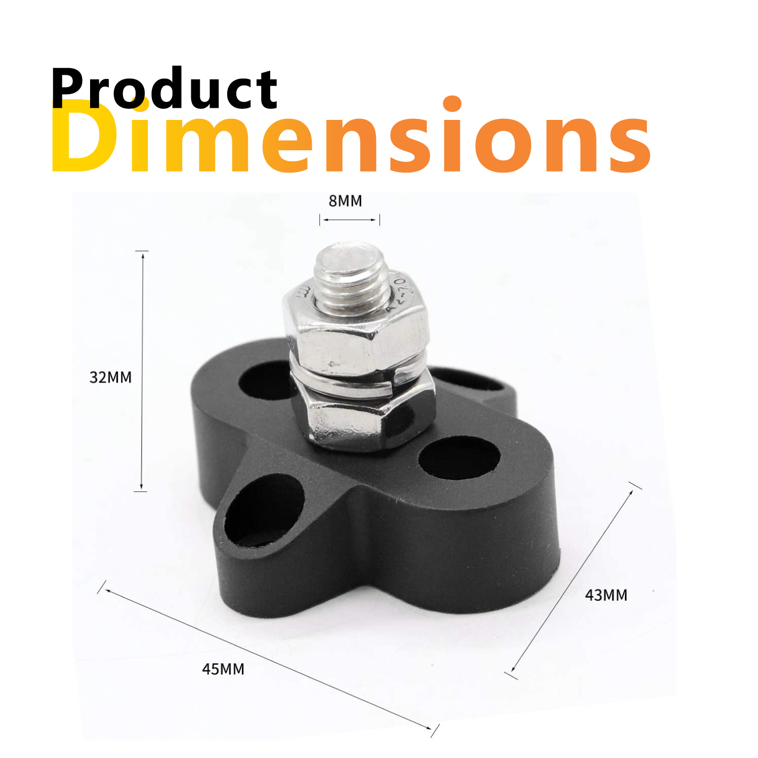 Dimensional drawing showing 45mm width 43mm depth and 32mm height for M8 stud